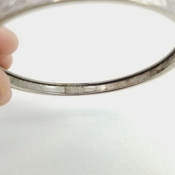 Vintage Scroll Design Silver Tone Bangle Bracelet, Stacking, Skinny, Estate - Picture 3 of 6